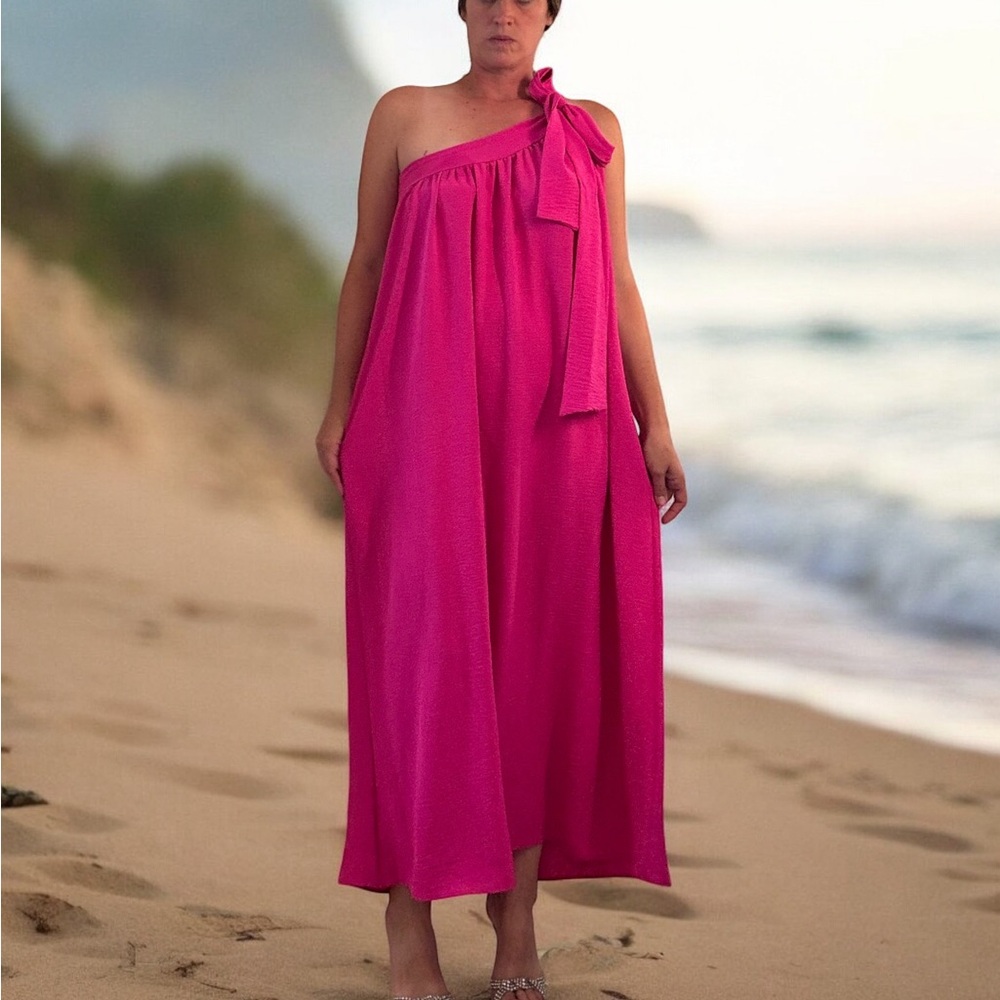 JODIFL One-Shoulder Maxi Dress in Hot Pink with Shoulder Tie